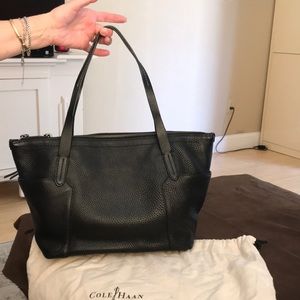 Cole Haan Parker black pebble leather zip top tote shopper bag